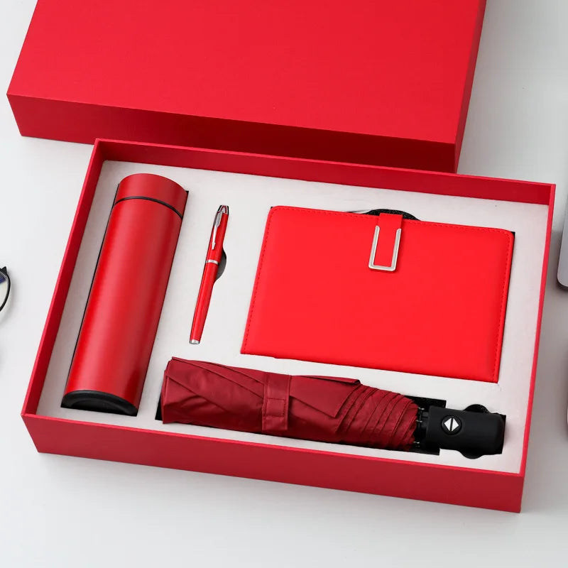 Wholesale Custom Logo Business Conference Gift Set - Umbrella Water Bottle PU Leather Notebook Stationery 4-Piece Set
