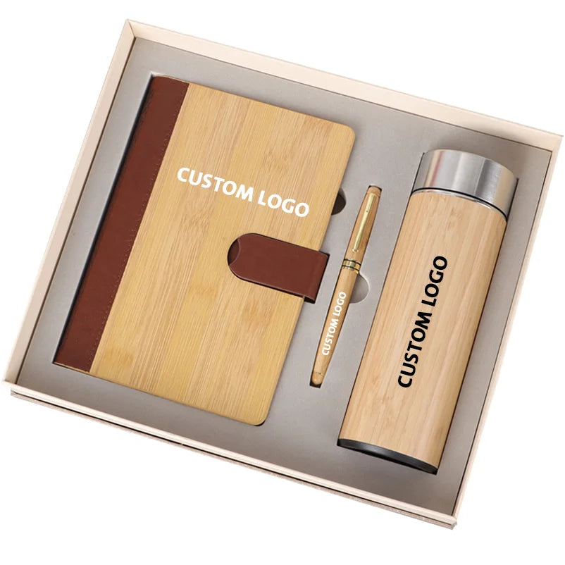 Custom A5 Notebook Gift Set - Wood Bamboo Diary Planner with Pen & Thermos Mug