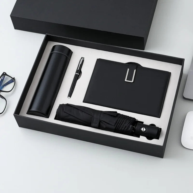 Wholesale Custom Logo Business Conference Gift Set - Umbrella Water Bottle PU Leather Notebook Stationery 4-Piece Set
